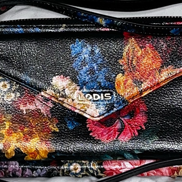 Black Leather clutch with flowers and crossbody shoulder bag. LODIS 9x5x0.5” - Picture 6 of 13
